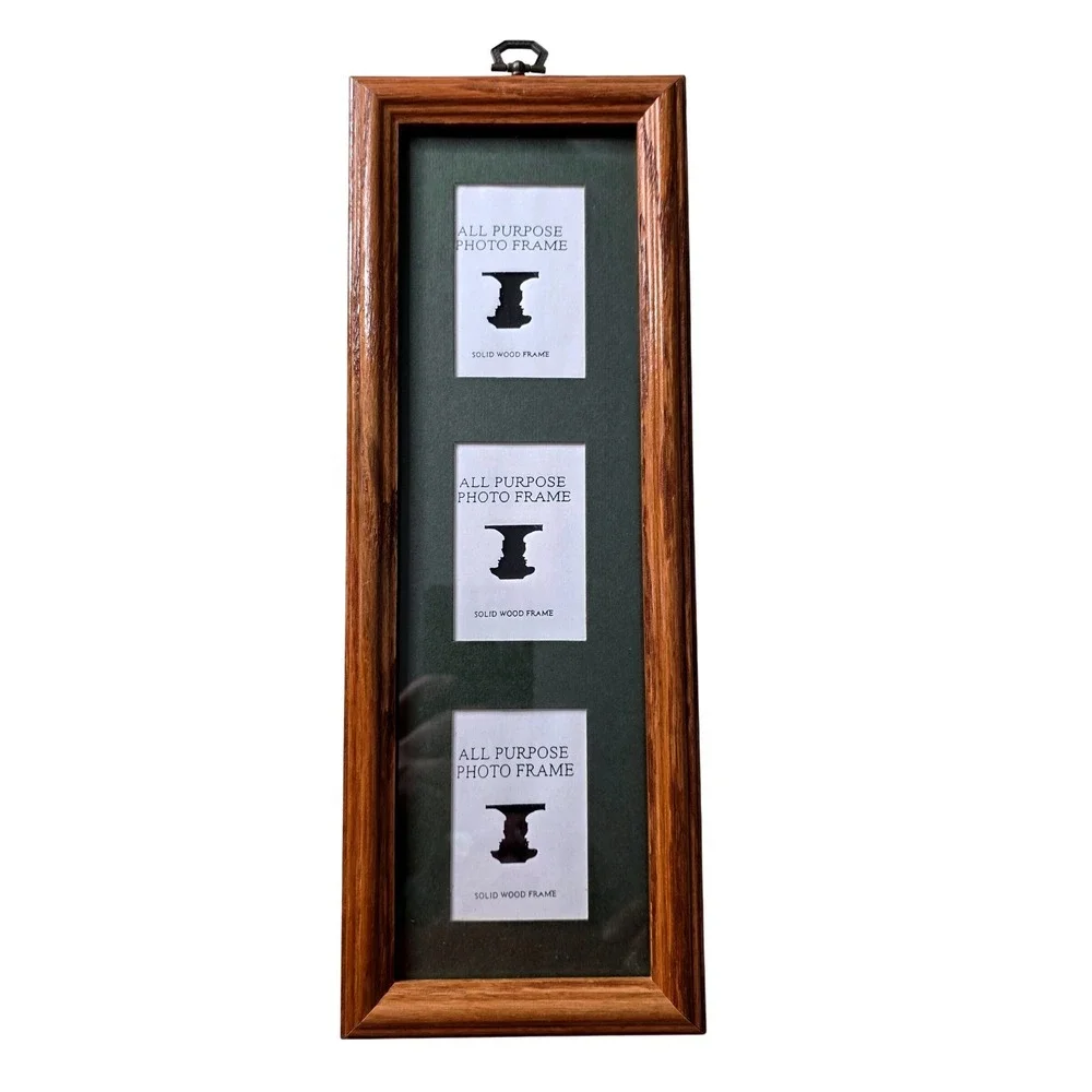 Vtg Solid Wood 3 2x3 Opening Vertical Picture Frame Brown Oak Green Mat 14x6